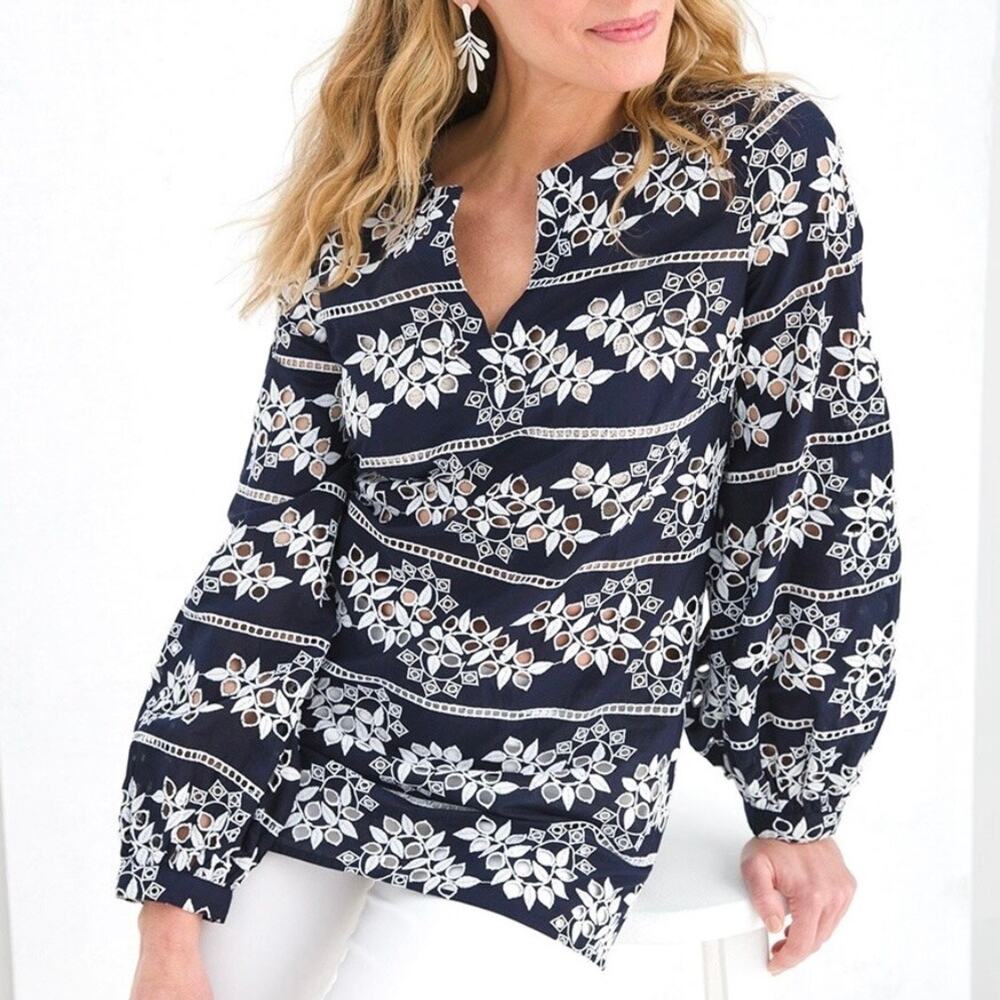 Chico’s Floral Embroidered Eyelet Tunic Top Womens Sz L Pullover Balloon Sleeves